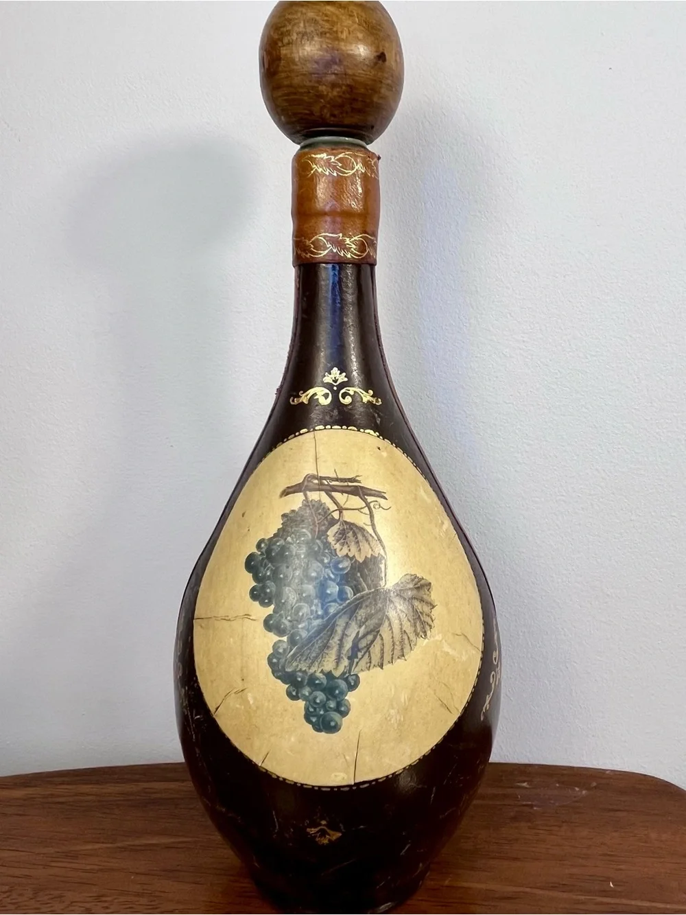 Florence Italy Fausto Corduri Leather Wrapped Decanter Bottle Grapes Vintage